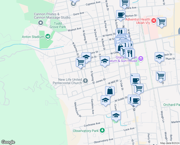 map of restaurants, bars, coffee shops, grocery stores, and more near 820 W Clay St in Ukiah