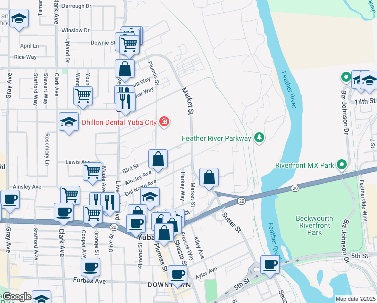 map of restaurants, bars, coffee shops, grocery stores, and more near 329 Bird Street in Yuba City