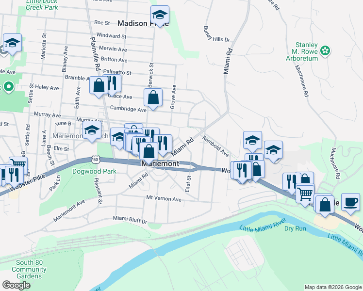 map of restaurants, bars, coffee shops, grocery stores, and more near 3958 Miami Road in Cincinnati