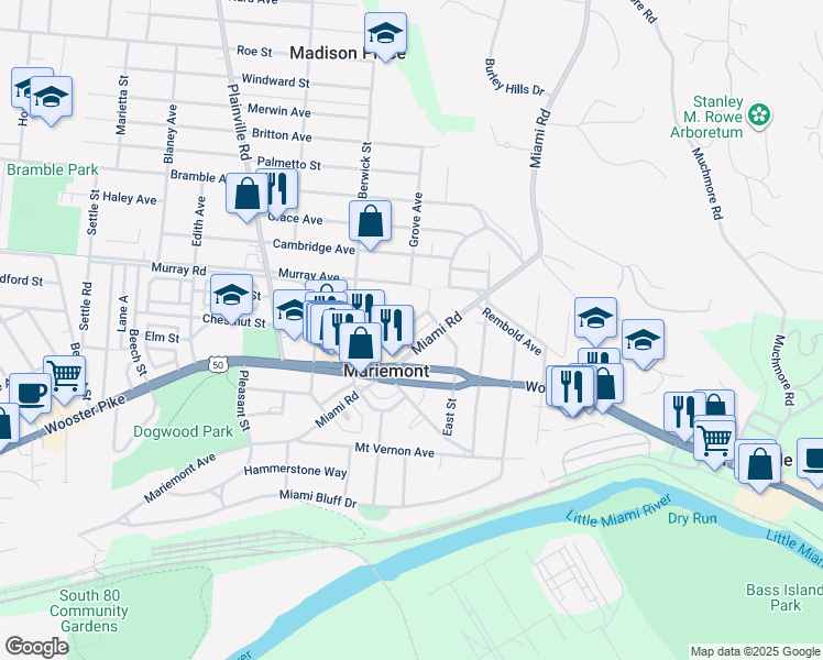 map of restaurants, bars, coffee shops, grocery stores, and more near 6958 Nolen Circle in Cincinnati