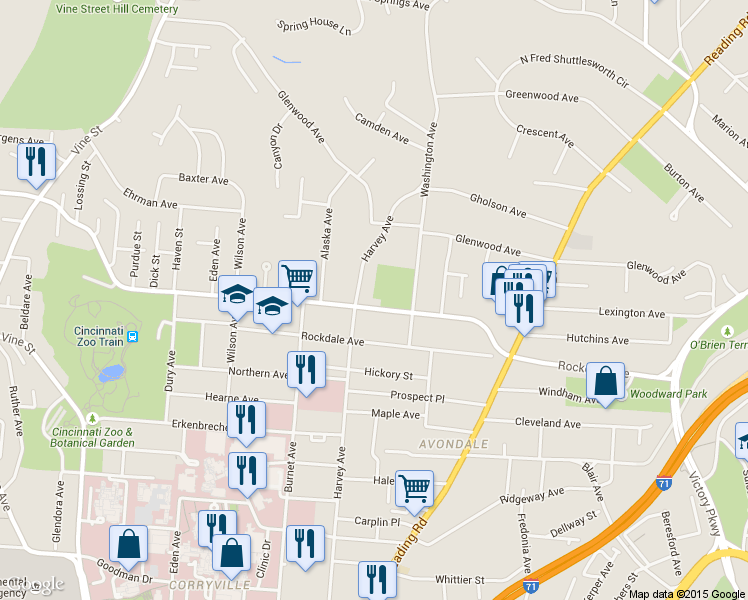 map of restaurants, bars, coffee shops, grocery stores, and more near 3554 Harvey Avenue in Cincinnati