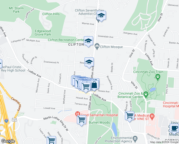 map of restaurants, bars, coffee shops, grocery stores, and more near 3547 Clifton Avenue in Cincinnati