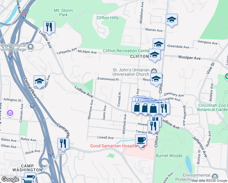 map of restaurants, bars, coffee shops, grocery stores, and more near 3471 Cornell Place in Cincinnati