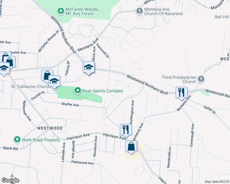 map of restaurants, bars, coffee shops, grocery stores, and more near 2545 Meyerhill Drive in Cincinnati