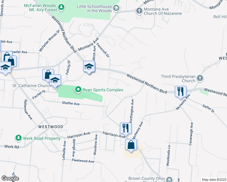 map of restaurants, bars, coffee shops, grocery stores, and more near 2545 Meyerhill Drive in Cincinnati