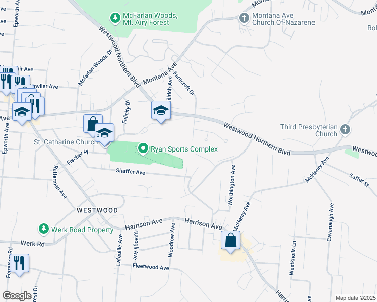 map of restaurants, bars, coffee shops, grocery stores, and more near 3235 Ferncroft Drive in Cincinnati