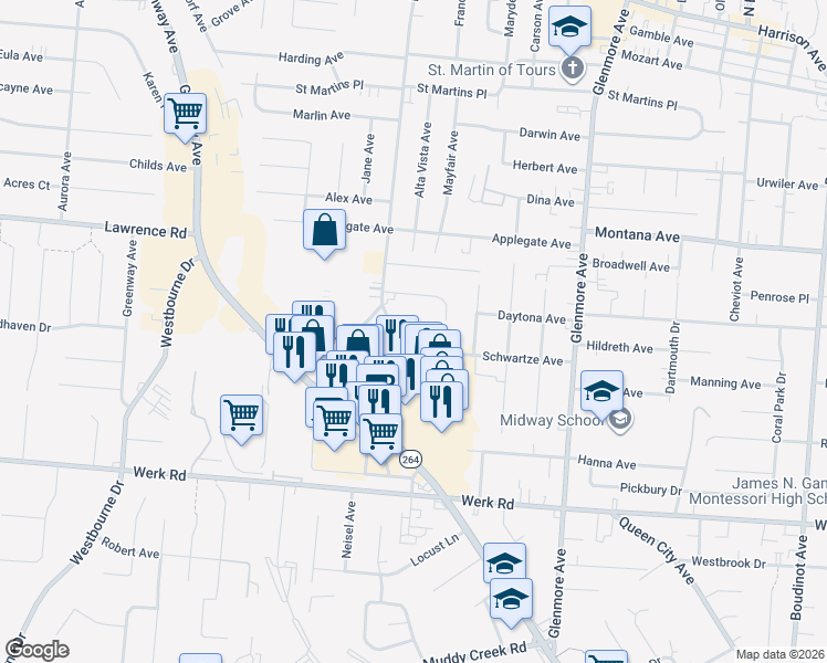 map of restaurants, bars, coffee shops, grocery stores, and more near 3627 Janlin Court in Cincinnati