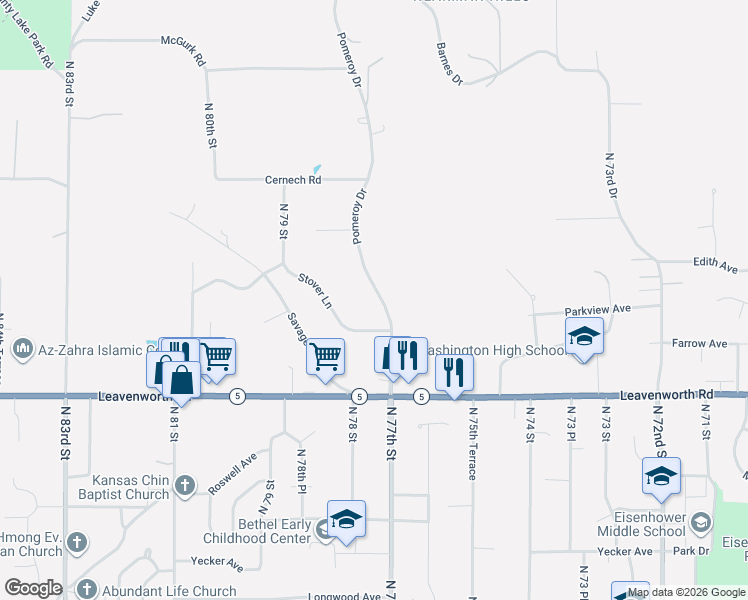 map of restaurants, bars, coffee shops, grocery stores, and more near 3316 Pomeroy Drive in Kansas City