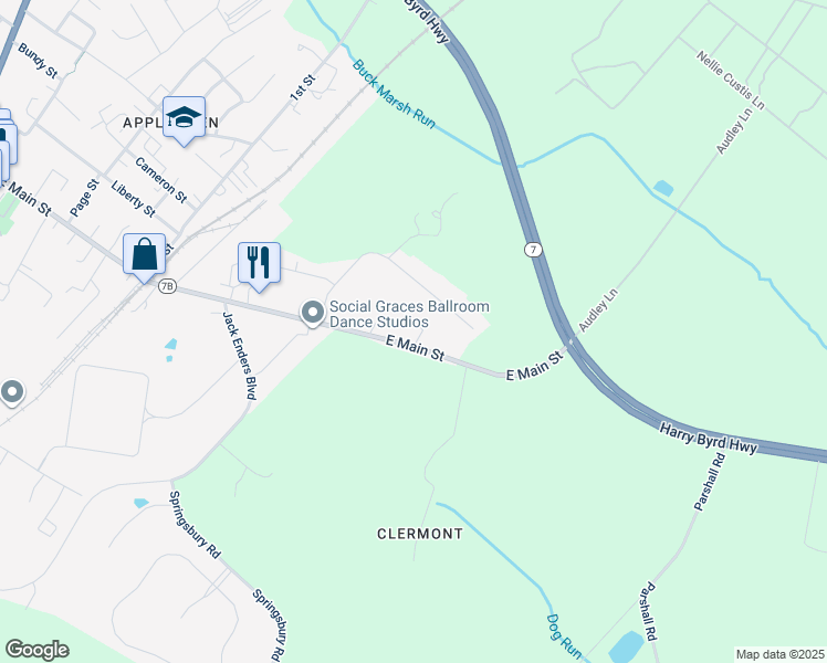 map of restaurants, bars, coffee shops, grocery stores, and more near 734 East Main Street in Berryville