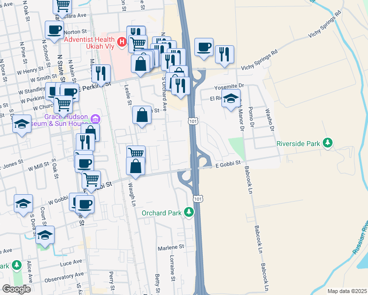 map of restaurants, bars, coffee shops, grocery stores, and more near 631 South Orchard Avenue in Ukiah