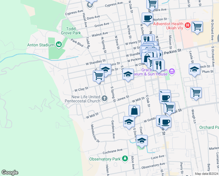 map of restaurants, bars, coffee shops, grocery stores, and more near 820 W Clay St in Ukiah