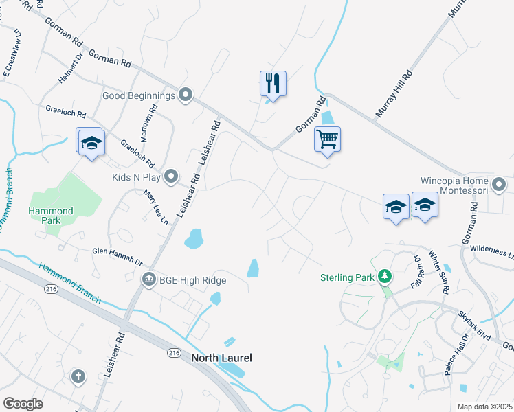 map of restaurants, bars, coffee shops, grocery stores, and more near 8119 Primrose Lane in Laurel