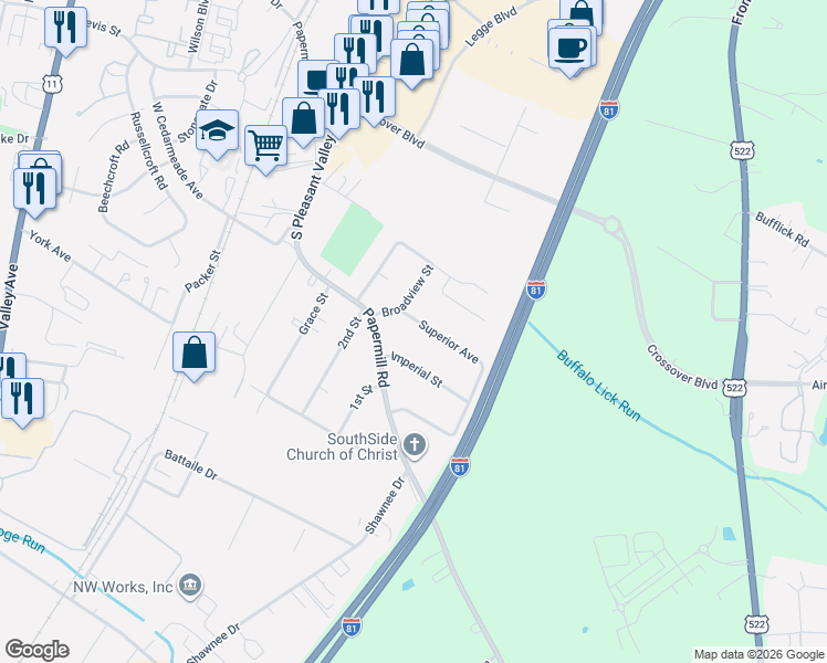 map of restaurants, bars, coffee shops, grocery stores, and more near 2832 Broadview Street in Winchester