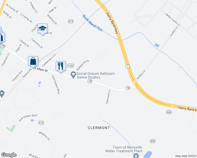 map of restaurants, bars, coffee shops, grocery stores, and more near 734 East Main Street in Berryville