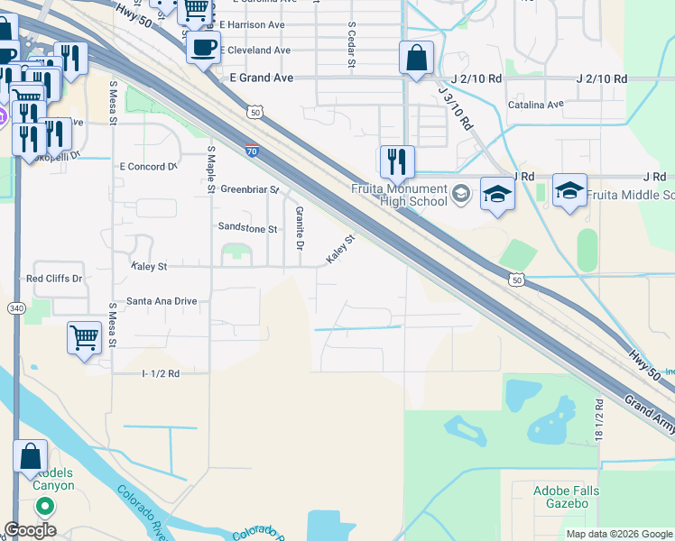 map of restaurants, bars, coffee shops, grocery stores, and more near 722 Abigail Court in Fruita