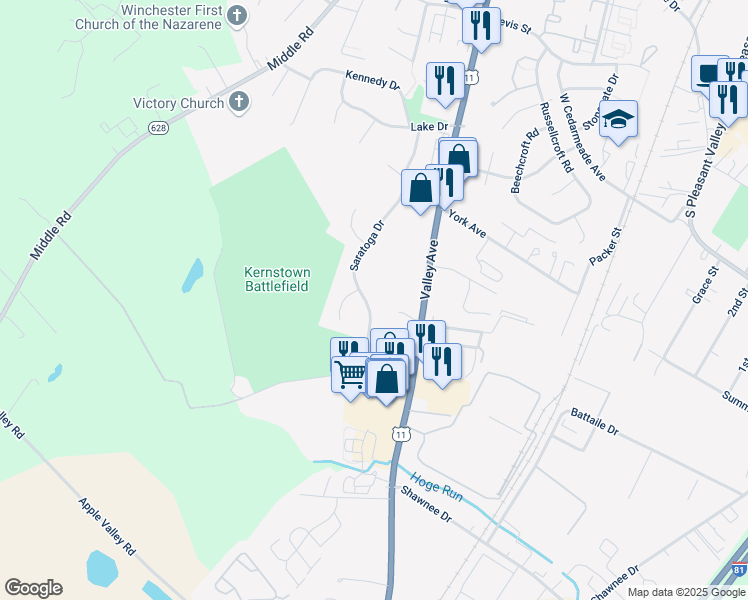 map of restaurants, bars, coffee shops, grocery stores, and more near 2918 Saratoga Drive in Winchester