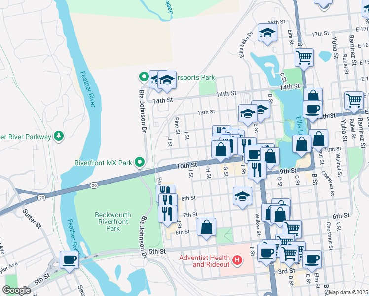 map of restaurants, bars, coffee shops, grocery stores, and more near 1115 I Street in Marysville