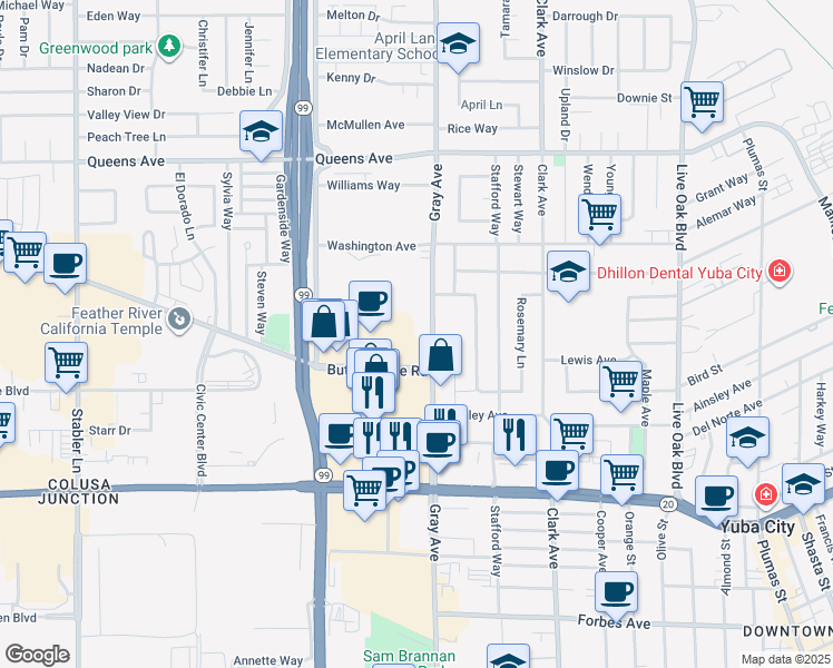 map of restaurants, bars, coffee shops, grocery stores, and more near 1251 Gray Avenue in Yuba City