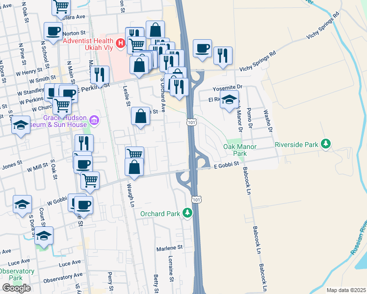 map of restaurants, bars, coffee shops, grocery stores, and more near Redwood Highway in Ukiah