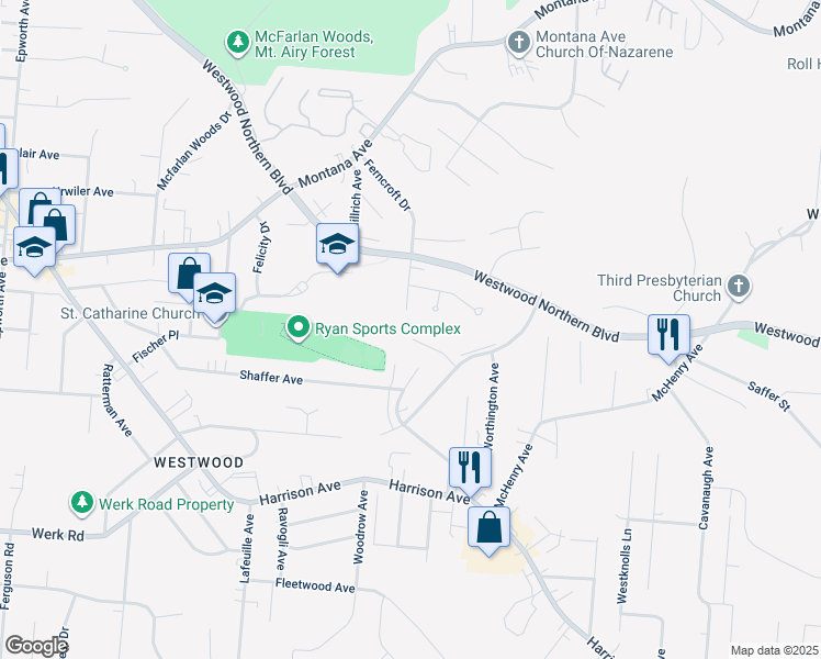 map of restaurants, bars, coffee shops, grocery stores, and more near 2545 Meyerhill Drive in Cincinnati