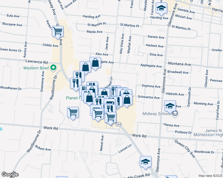 map of restaurants, bars, coffee shops, grocery stores, and more near 3331 Parkcrest Lane in Cincinnati