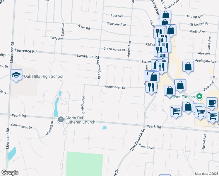 map of restaurants, bars, coffee shops, grocery stores, and more near 3308 Cresentview Lane in Cincinnati