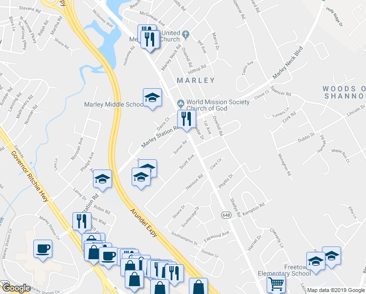 map of restaurants, bars, coffee shops, grocery stores, and more near 11 Sumac Road in Glen Burnie
