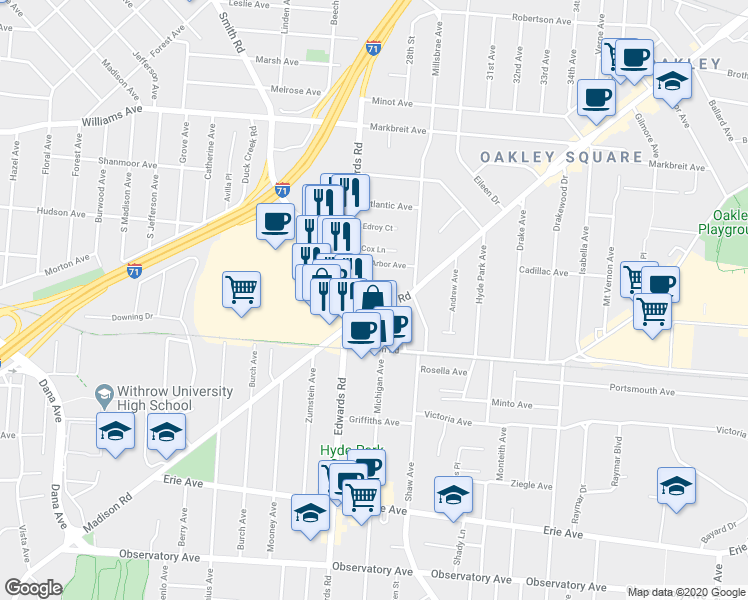 map of restaurants, bars, coffee shops, grocery stores, and more near 2728 Madison Road in Cincinnati