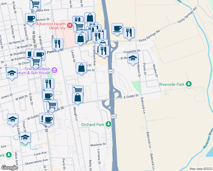 map of restaurants, bars, coffee shops, grocery stores, and more near 631 South Orchard Avenue in Ukiah