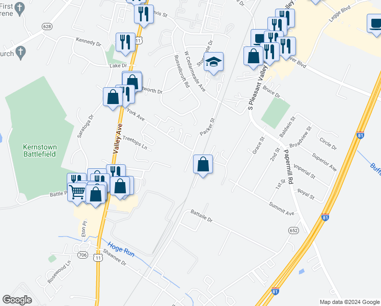 map of restaurants, bars, coffee shops, grocery stores, and more near 2901 Packer Street in Winchester