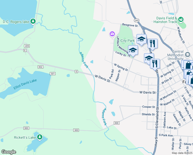 map of restaurants, bars, coffee shops, grocery stores, and more near 1105-1213 West Davis Street in Fayette