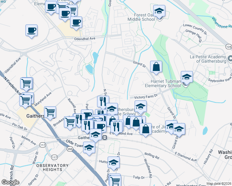 map of restaurants, bars, coffee shops, grocery stores, and more near 325 North Summit Avenue in Gaithersburg