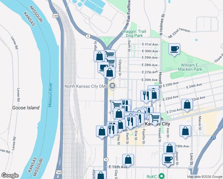 map of restaurants, bars, coffee shops, grocery stores, and more near 2431 Buchanan Street in Kansas City