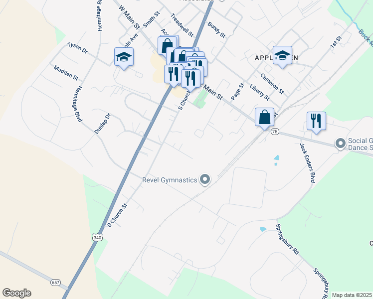 map of restaurants, bars, coffee shops, grocery stores, and more near 22 Byrd Avenue in Berryville