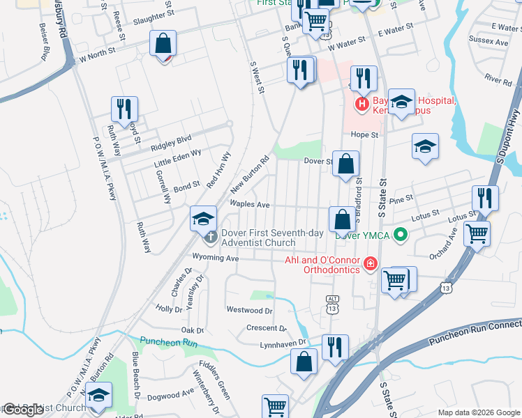 map of restaurants, bars, coffee shops, grocery stores, and more near 864 Westview Terrace in Dover