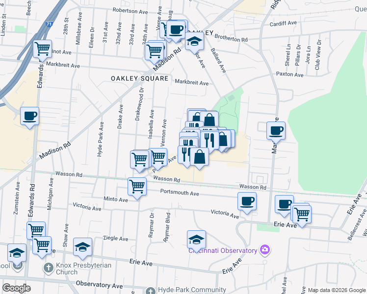 map of restaurants, bars, coffee shops, grocery stores, and more near 3832 Paxton Avenue in Cincinnati