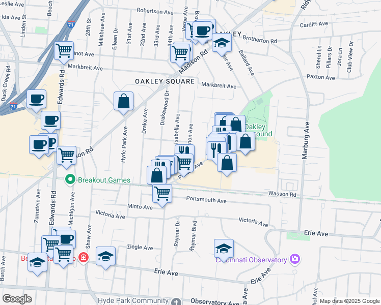 map of restaurants, bars, coffee shops, grocery stores, and more near 2961 Cadillac Avenue in Cincinnati