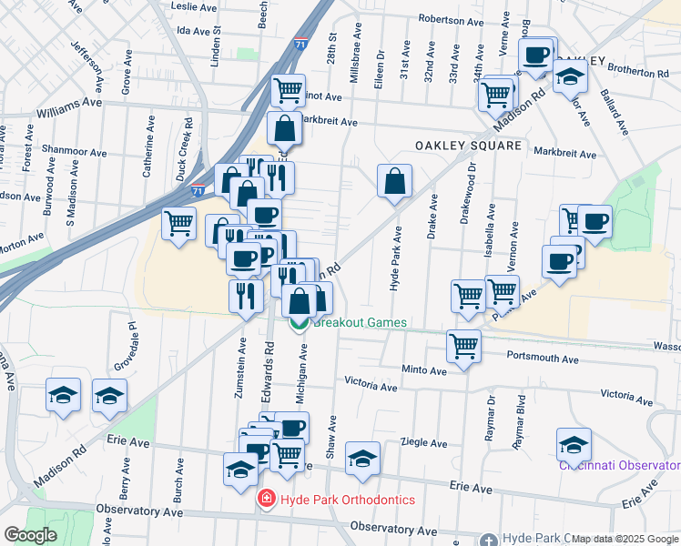 map of restaurants, bars, coffee shops, grocery stores, and more near in Cincinnati