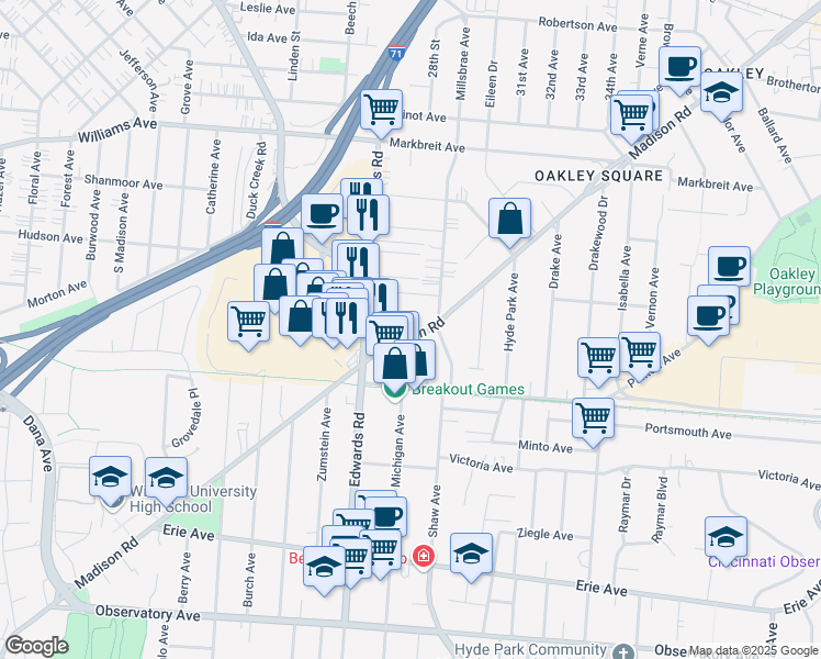 map of restaurants, bars, coffee shops, grocery stores, and more near 2750 Willard Avenue in Cincinnati