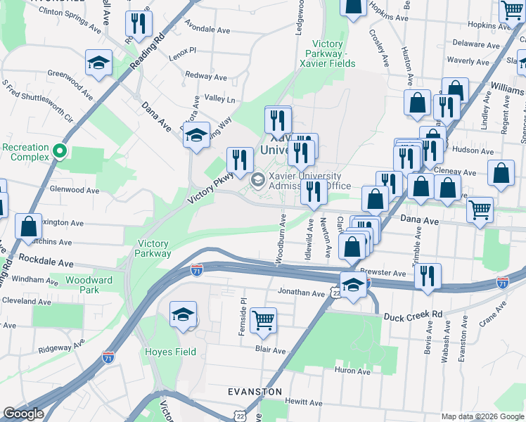 map of restaurants, bars, coffee shops, grocery stores, and more near 1496 Dana Avenue in Cincinnati