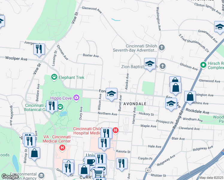 map of restaurants, bars, coffee shops, grocery stores, and more near 338 Forest Avenue in Cincinnati