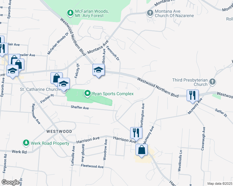 map of restaurants, bars, coffee shops, grocery stores, and more near 3235 Ferncroft Drive in Cincinnati