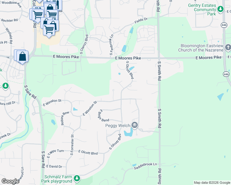 map of restaurants, bars, coffee shops, grocery stores, and more near 2602 South Trotters Run in Bloomington