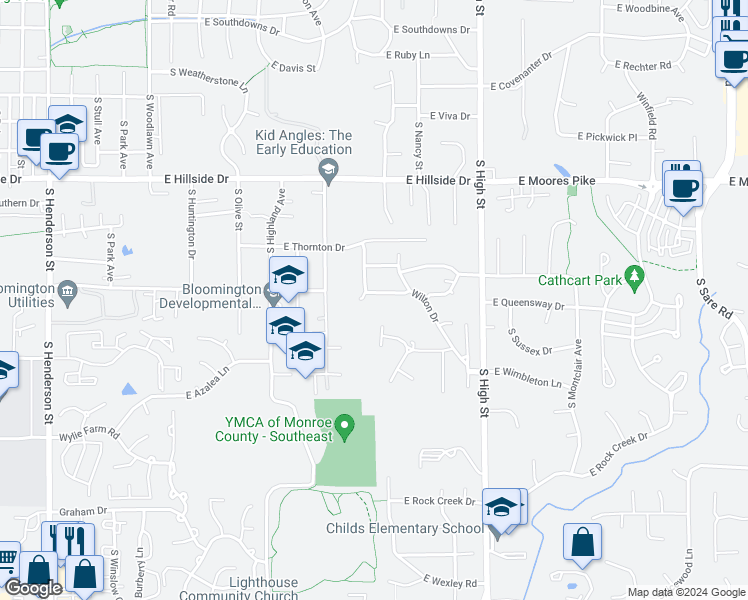 map of restaurants, bars, coffee shops, grocery stores, and more near 1719 East Windsor Drive in Bloomington