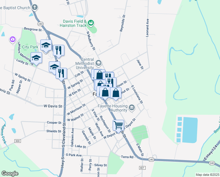 map of restaurants, bars, coffee shops, grocery stores, and more near 100 North Mulberry Street in Fayette