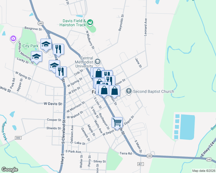 map of restaurants, bars, coffee shops, grocery stores, and more near 100 North Mulberry Street in Fayette