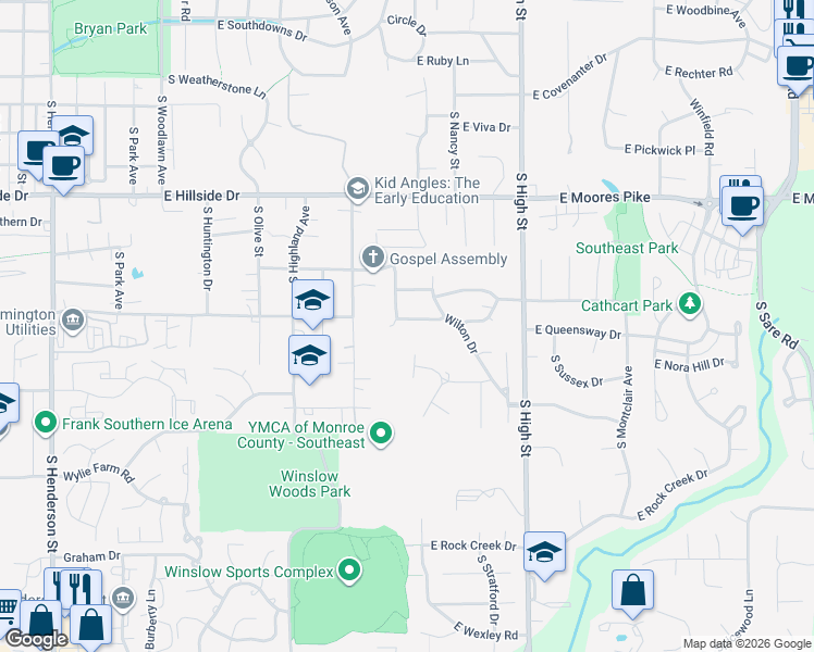 map of restaurants, bars, coffee shops, grocery stores, and more near 1719 East Windsor Drive in Bloomington