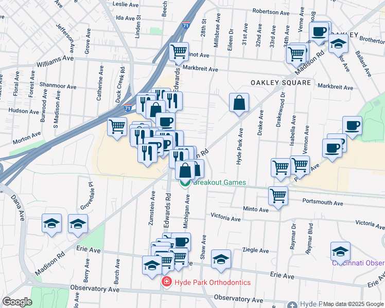 map of restaurants, bars, coffee shops, grocery stores, and more near 2750 Willard Avenue in Cincinnati