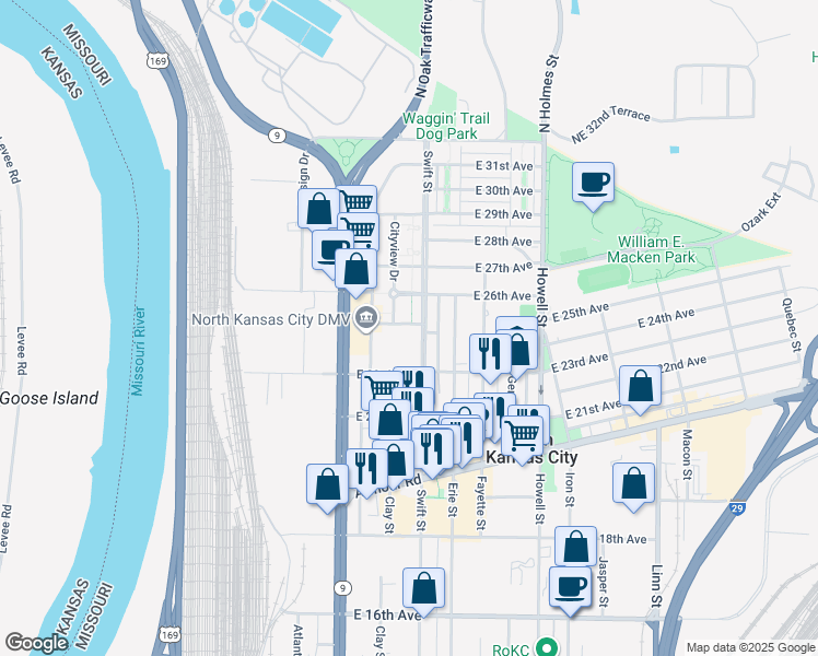 map of restaurants, bars, coffee shops, grocery stores, and more near 2501 City View Drive in North Kansas City