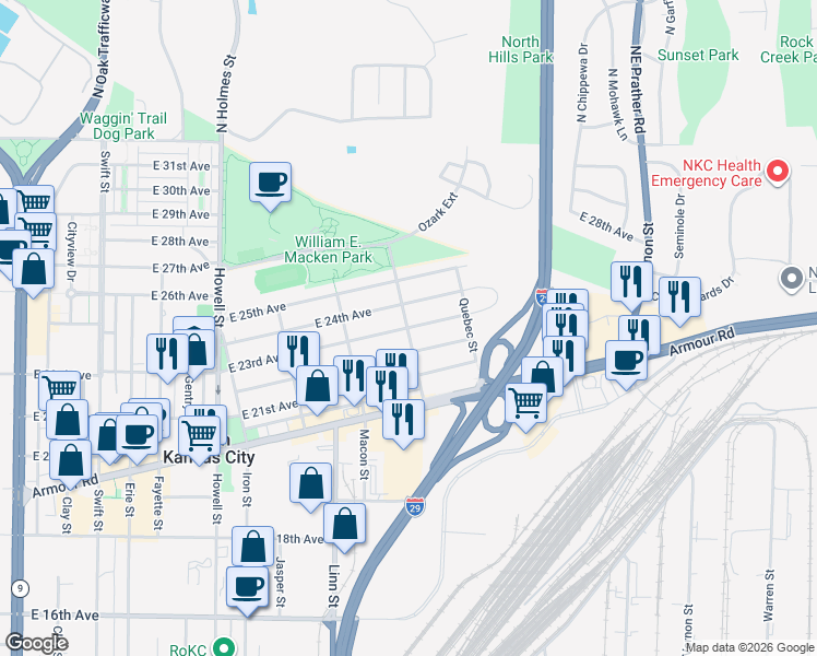 map of restaurants, bars, coffee shops, grocery stores, and more near E 23rd Ave & Ozark St in North Kansas City